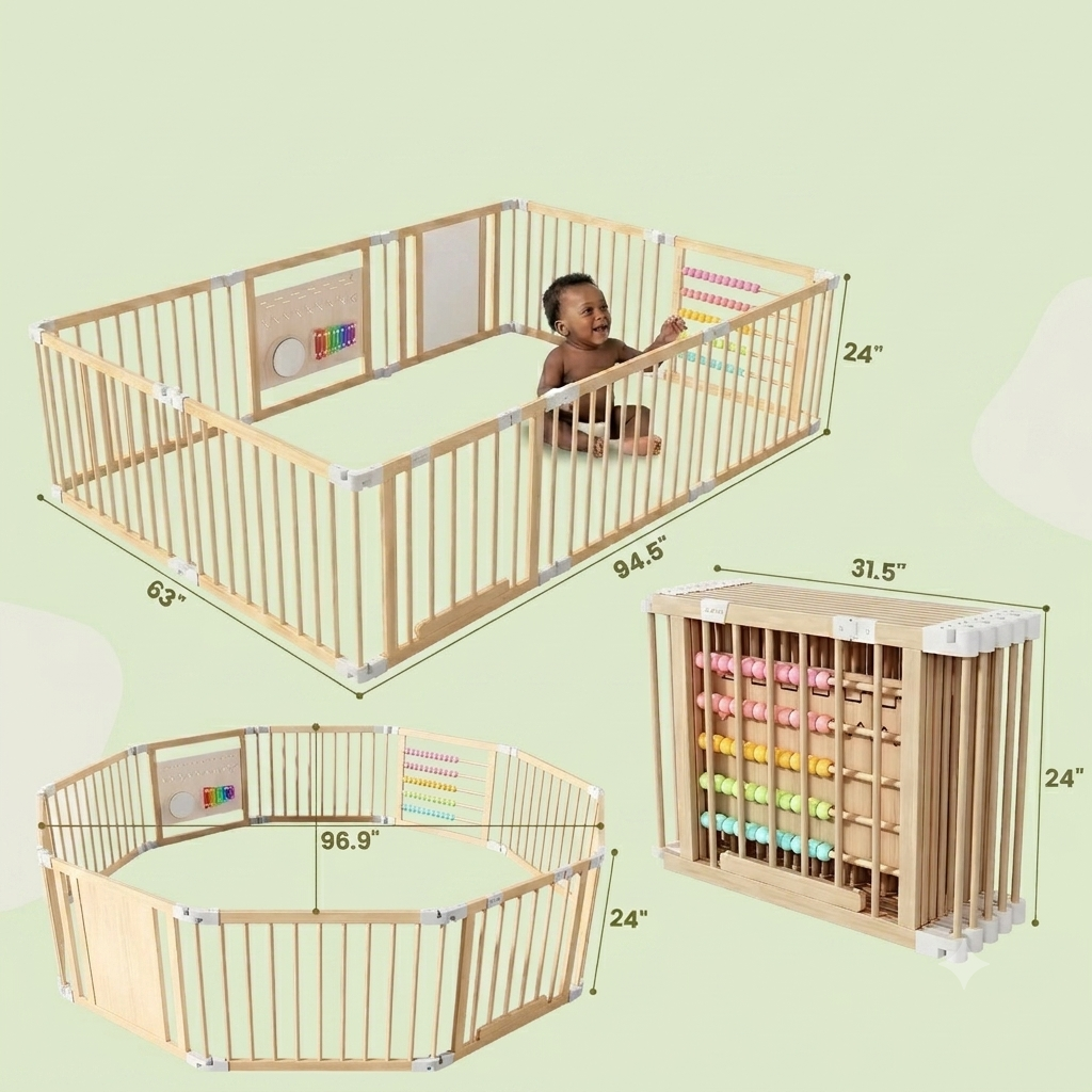 Mirai Wooden Baby Play Yard with Xylophone, Beads & Whiteboard — Foldable Multi-Shape Toddler Playpen