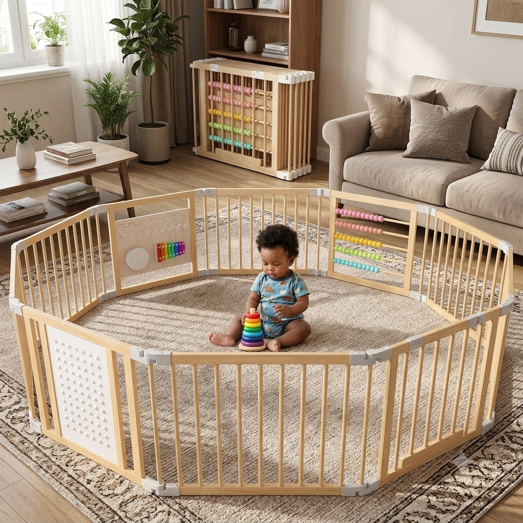 Mirai Wooden Baby Play Yard with Xylophone, Beads & Whiteboard — Foldable Multi-Shape Toddler Playpen