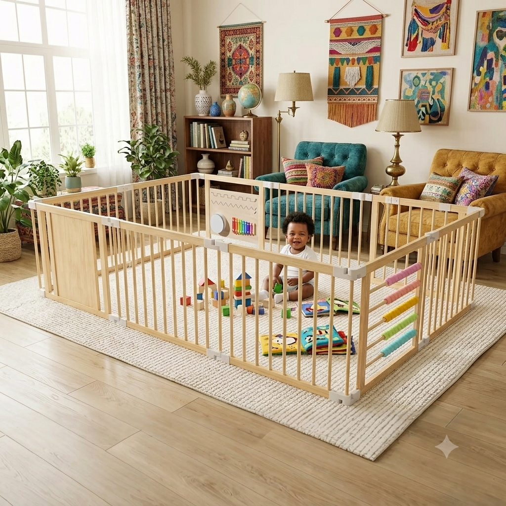 Mirai Wooden Baby Play Yard with Xylophone, Beads & Whiteboard — Foldable Multi-Shape Toddler Playpen
