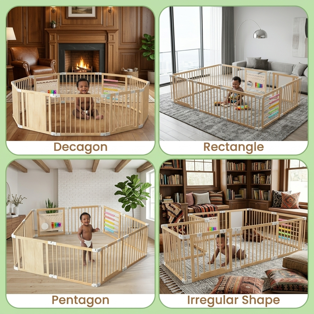 Mirai Wooden Baby Play Yard with Xylophone, Beads & Whiteboard — Foldable Multi-Shape Toddler Playpen