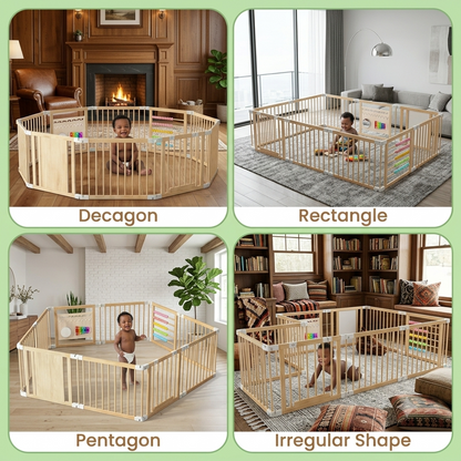 Mirai Wooden Baby Play Yard with Xylophone, Beads & Whiteboard — Foldable Multi-Shape Toddler Playpen