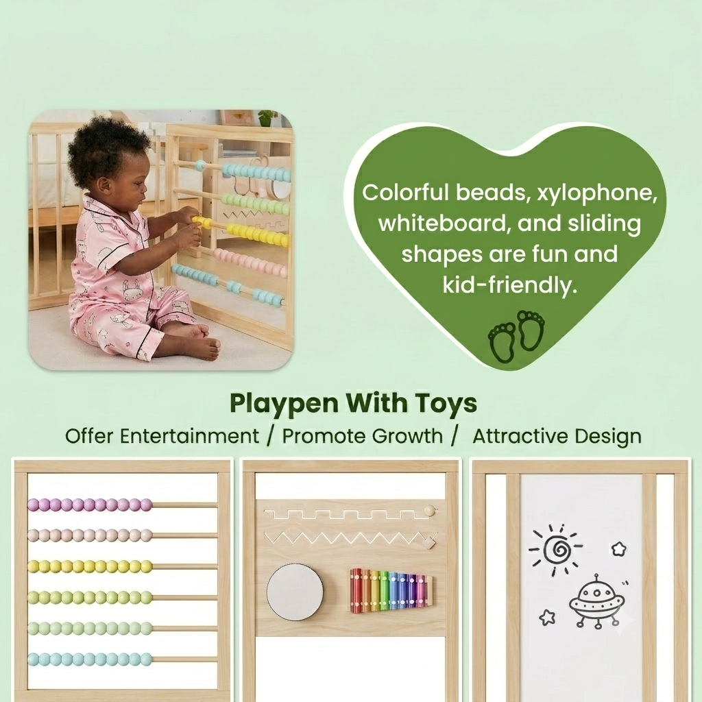 Mirai Wooden Baby Play Yard with Xylophone, Beads & Whiteboard — Foldable Multi-Shape Toddler Playpen