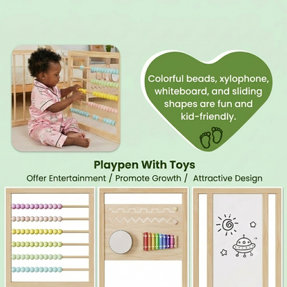 Mirai Wooden Baby Play Yard with Xylophone, Beads & Whiteboard — Foldable Multi-Shape Toddler Playpen